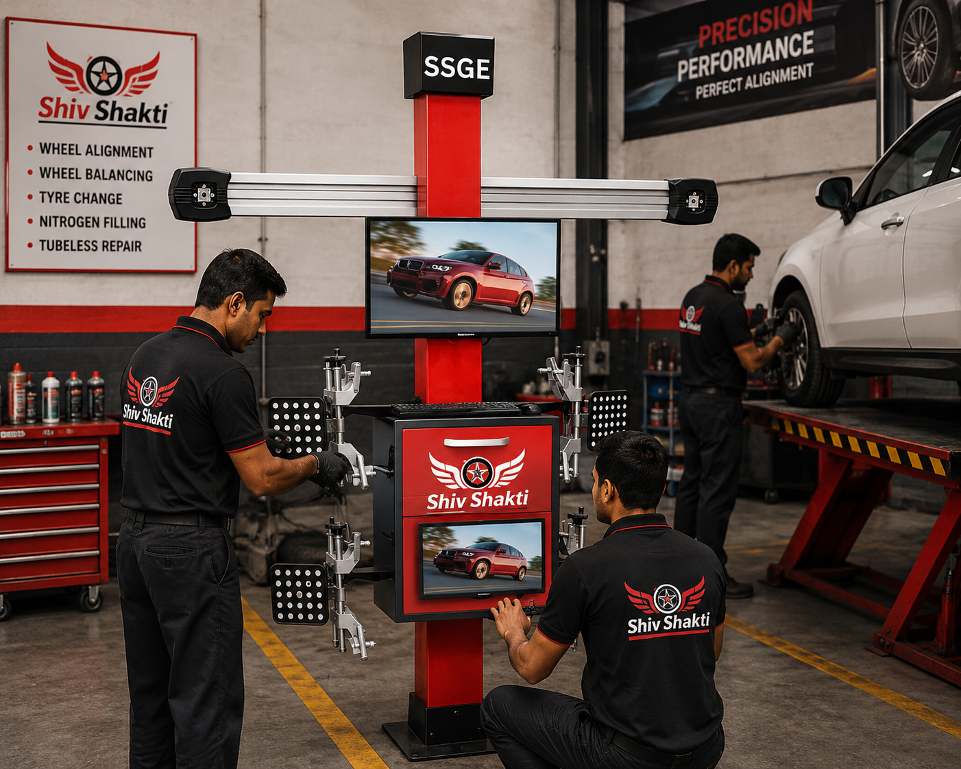 Shiv Shakti technicians with 3D wheel alignment machine in workshop
